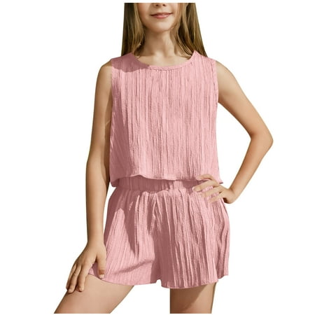 Loopsun Girls Summer Outfits Children s Summer Solid Color Comfortable Sleeveless Round Neck Blouses and Shorts Sets Pink 4-5 Years