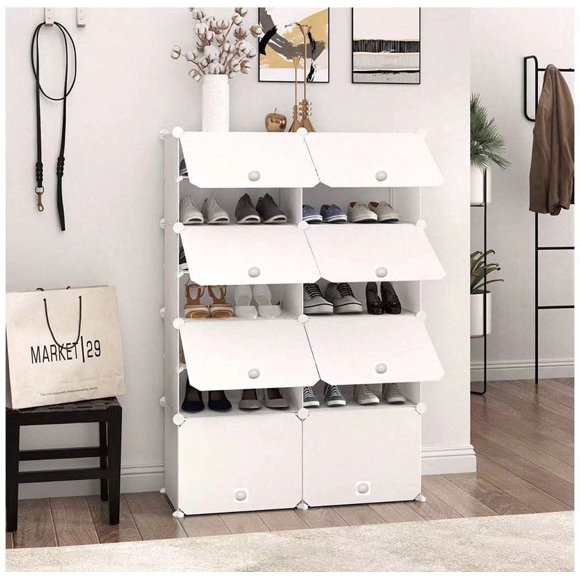AGASY Shoe Rack, 16 Tiers Shoe Storage Cabinet 32 Pair Plastic Shoe Shelves Organizer for Closet Hallway Bedroom Entryway (8 Cubes, White Opaque)