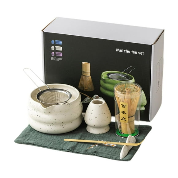 Set de matcha, tazón de matcha con boquilla, herramientas japonesas de fabricación de té, regalo de matcha, portavasos de cerámica kit de matcha Blanco 7 piezas