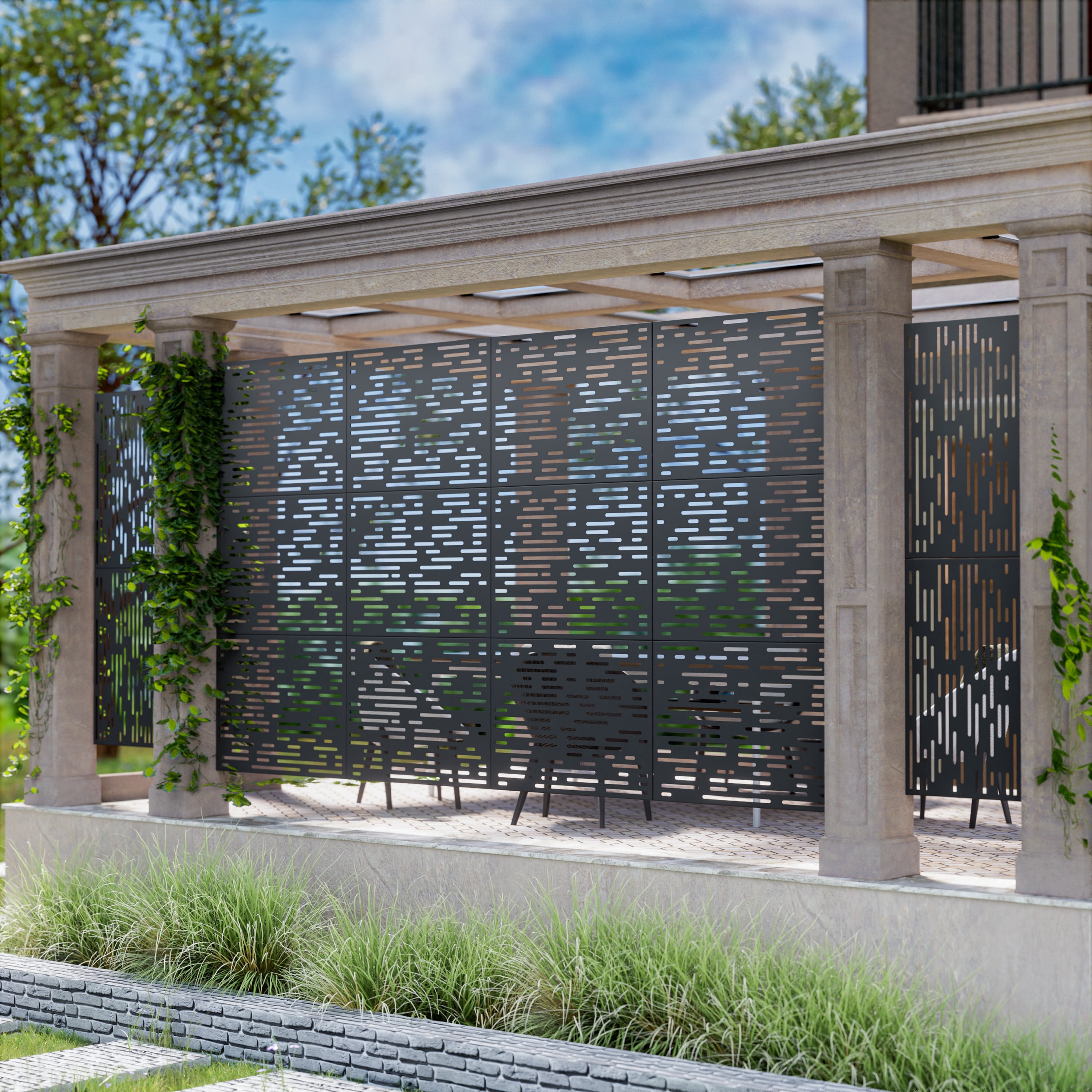 MAYEERTY 72*35" Outdoor Black Metal Privacy Panel Screen for Patio, Light - Shadow Pattern