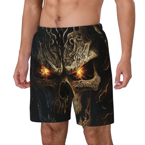Balery Metal Evil Skull Bañador para hombre, shorts de playa de secado rápido con entrepierna y forro de compresión-3X-Large