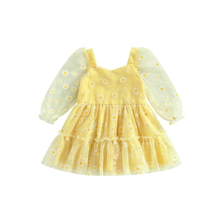 

Infant Toddler Baby Girl Princess Dress Long Sleeve Daisy Layered Tulle Tutu Mesh Fluffy Dres