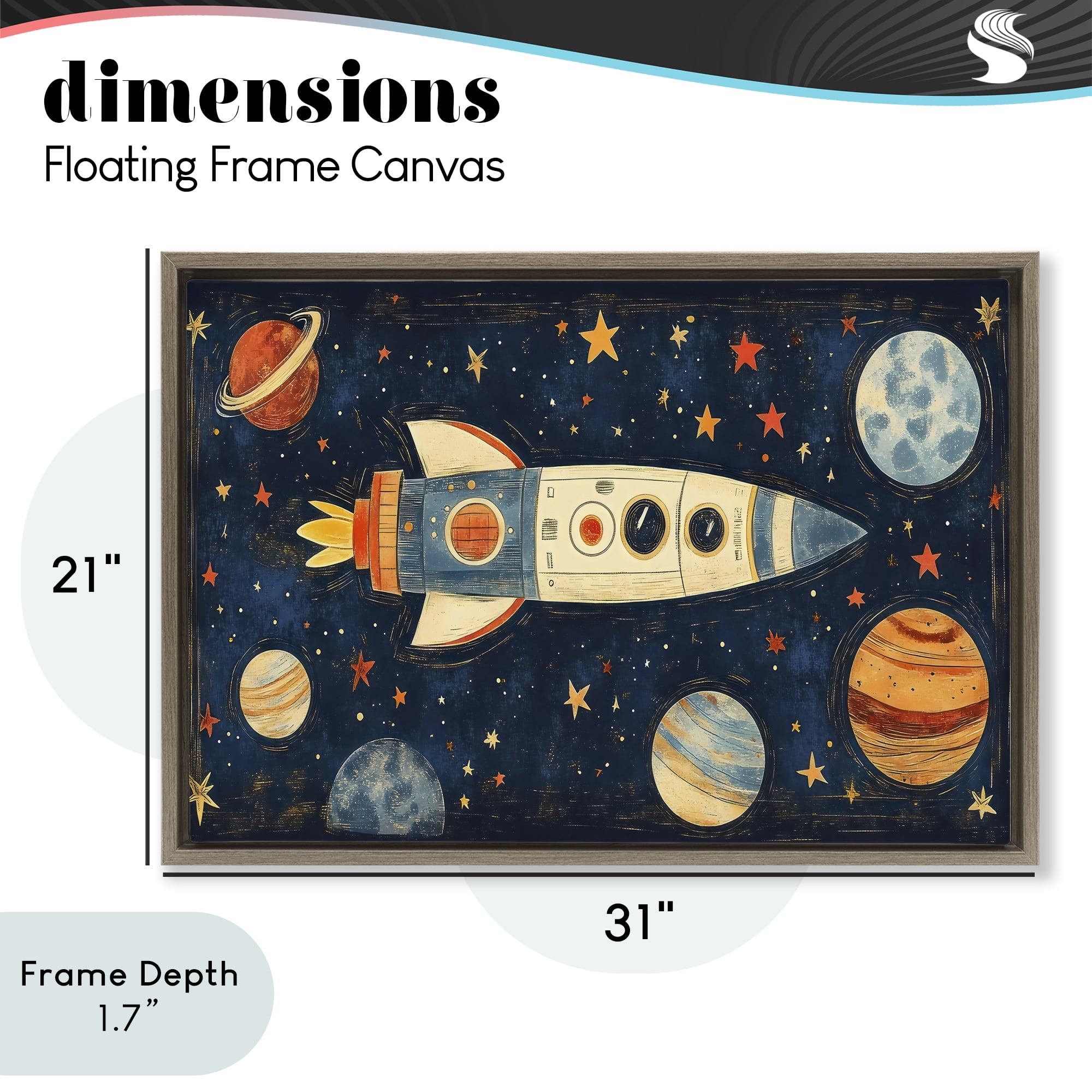 Stupell Industries Retro Rocket & Planets Brown Framed Floater Canvas Wall Art, design by Creative Studio