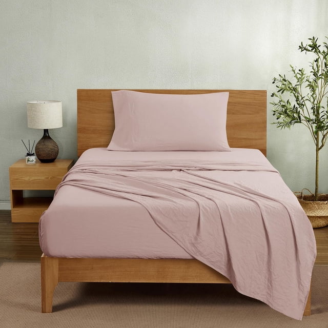 Mainstays Washed Ultra Soft Microfiber Bed Sheet Set, Twin-XL, Pink Blush, 3 Piece