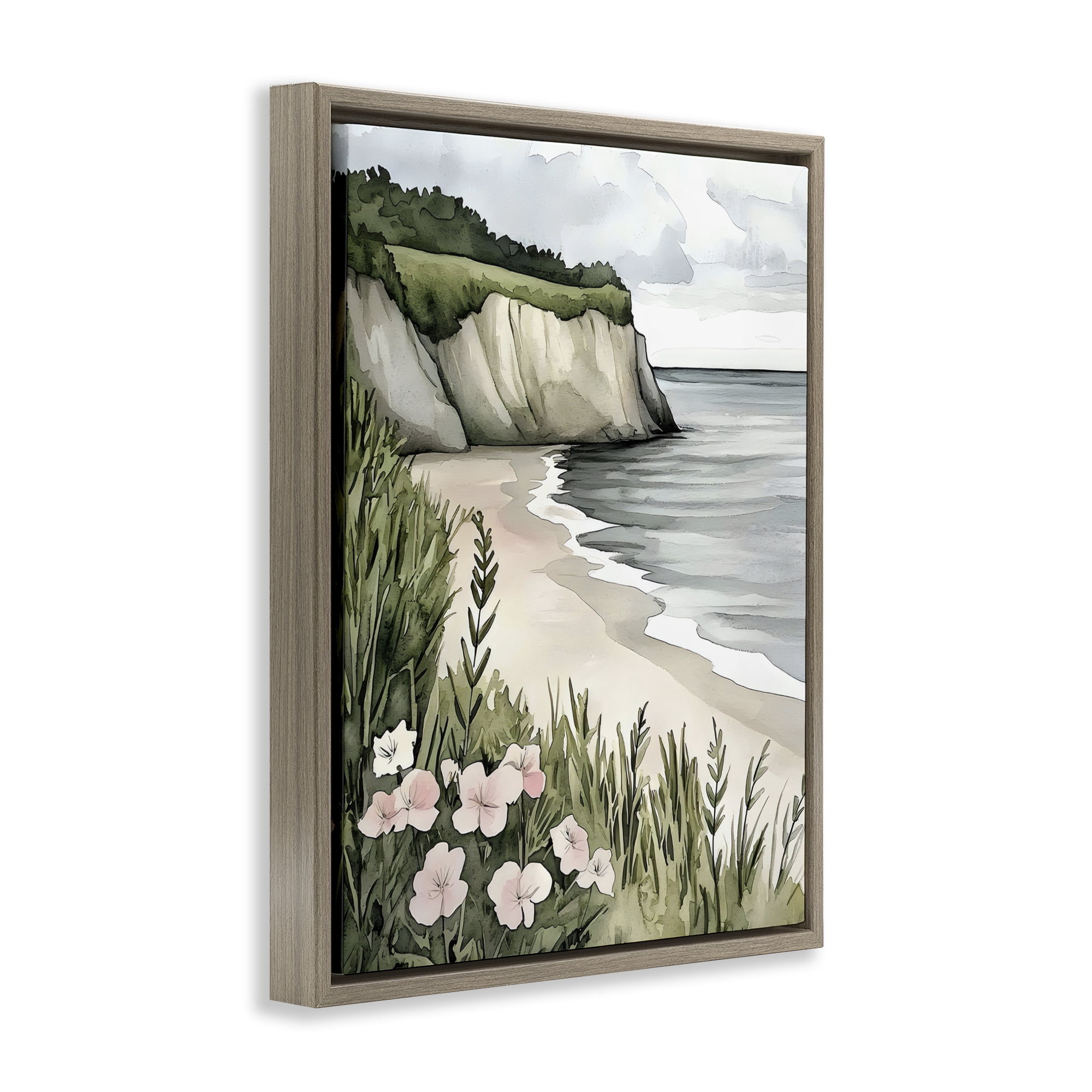 Stupell Industries Coastal Calm with Floral Blooms Brown Framed Floater Canvas Wall Art, design by Riley B