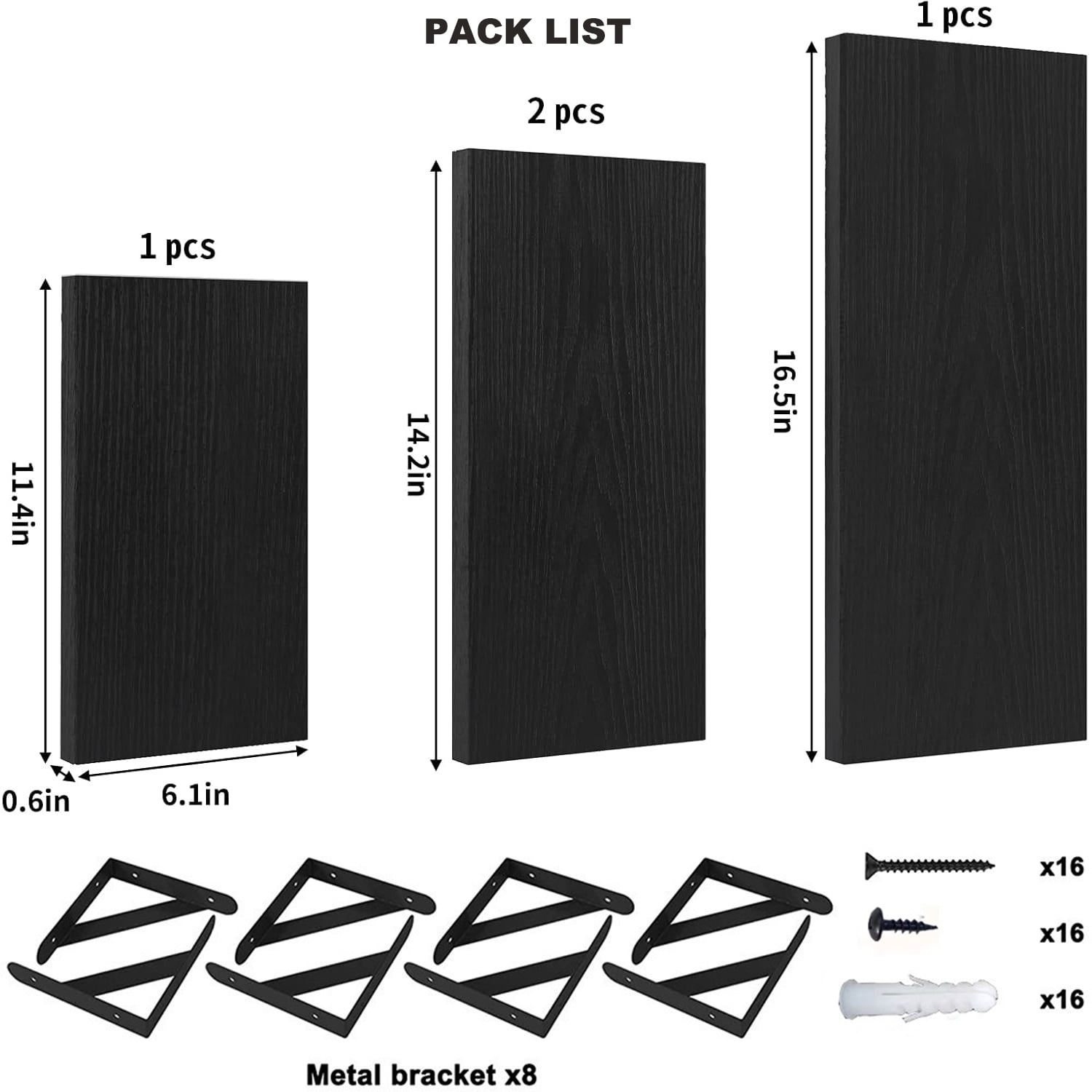 Set of 4 Wall-Mounted Floating Shelves W/Triangle Bracket, Multisize Black Rustic Wood Storage Shelf for Living Room Kitchen Bedroom Bathroom