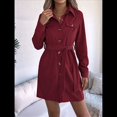 thumbnail image 4 of Vestido Camisero Mini de Larga Plisado con Cuello en V y Botones para Mujer con Cinturón Vino Tinto M, 4 of 10