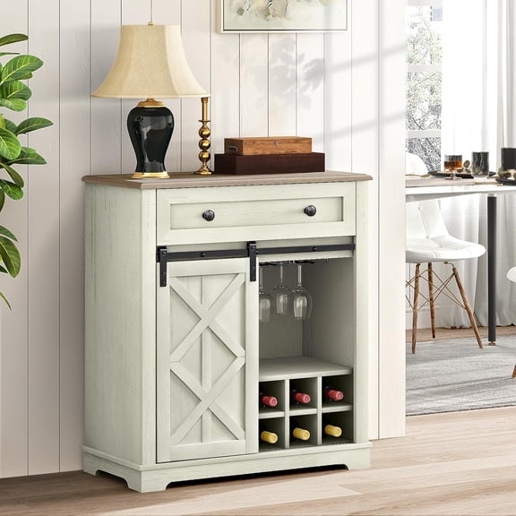 Farmhouse 32 Inch Wine Cabinet with Storage, Rustic Liquor Cabinet with Rack and Sliding Barn Door, Coffee Bar Table for Kitchen, Living Room, Antique White