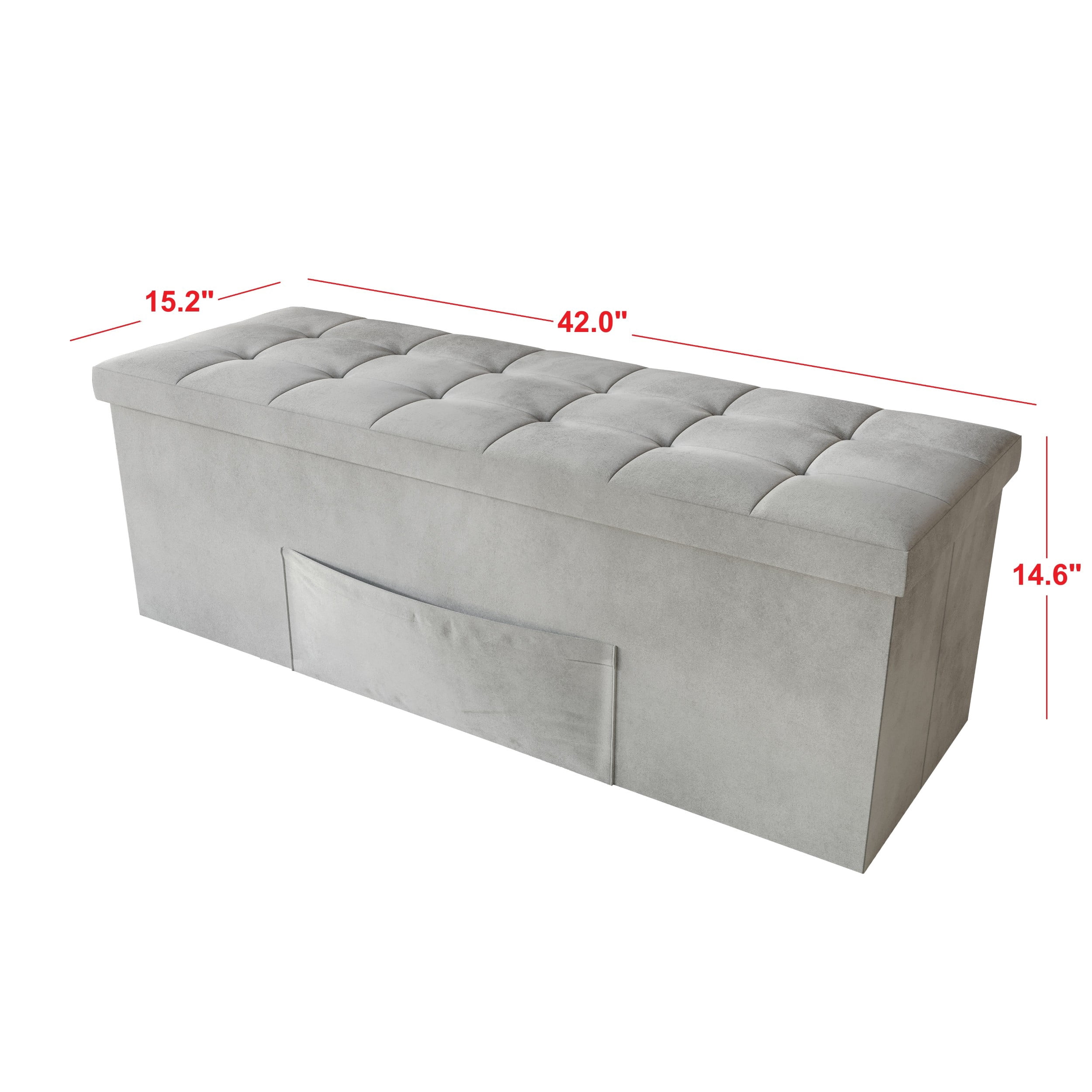 Home Design Chico 42" Tufted Upholstered Folding Storage Bench with Deep Cushion and Front Pocket, Multi-Purpose Rectangular Design for Bedroom, Entryway, or Living Room, Light Gray