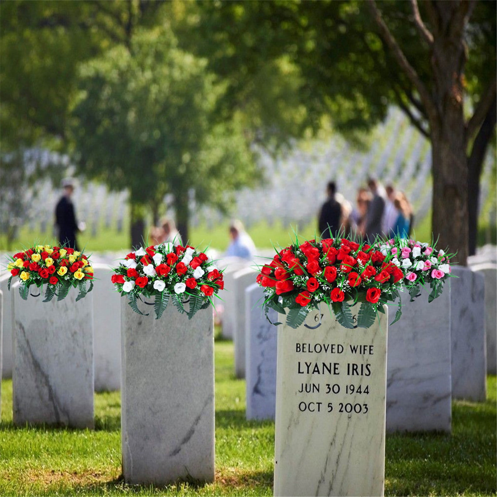 Headstone Flower Saddle Artificial Cemetery Flowers Grave Flowers For Cemetery Headstone Flower Saddle Red Rose Combination Outdoor Memorial Day Decorations Funeral Tribute Arrangement