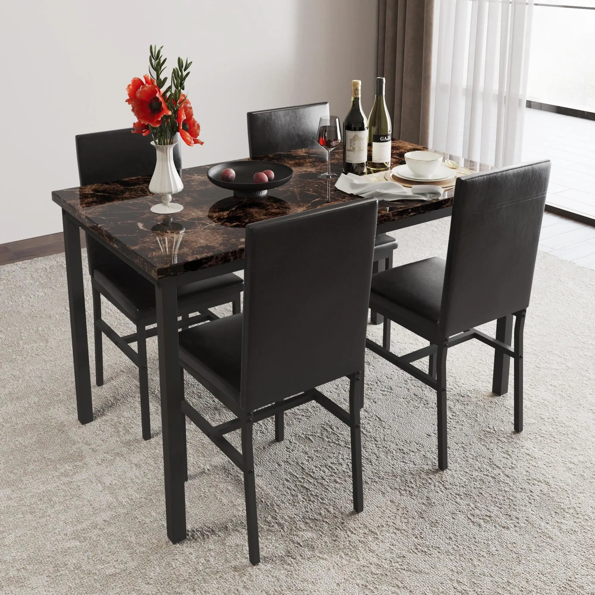 5 Piece Dining Table Set, Dining Table Set for 4, Modern Pub Bistro Table with Storage Shelf for Kitchen, Coffee Shop, Small Space