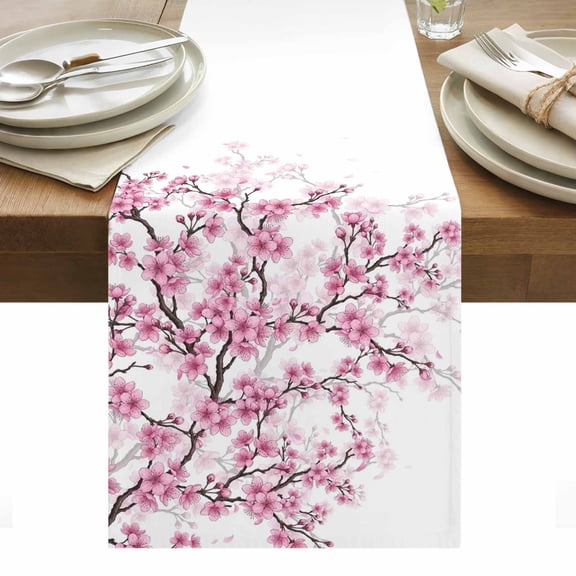 Pink Cherry Table Runner Spring Floral Flowers Botanical Watercolor Tablerunners 16 x 72 Inch, Table Decorations Tabletop Scarf for Summer Gathering Holiday Farmhouse Kitchen Dining Decor