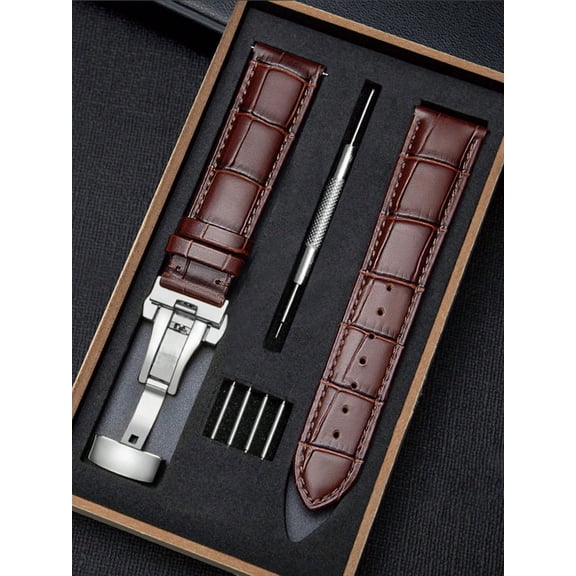 Crocodile Embossed PU Leather Watch Strap Top Watch Band, Soft Replacement Wristband with Gift Box 22mmCoffee Brown