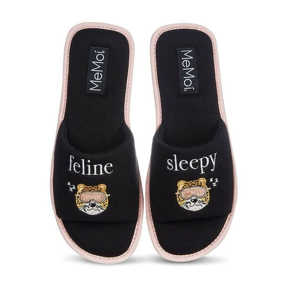 MeMoi Feline Sleepy Open-Toe Slippers - Womens - Female (Large, Black)