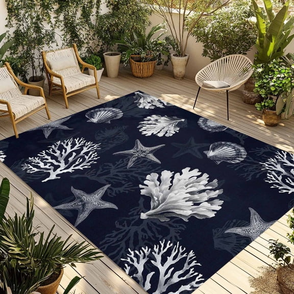 Fsddascl Coastal Coral Outdoor Rug for Patio/Deck/Porch, Non-Slip Large Area Rug 6 x 9 Ft, Dark Blue Ocean Starfish Shells Vintage Indoor Outdoor Rugs Washable Area Rugs, Camping Rug Carpet Runner