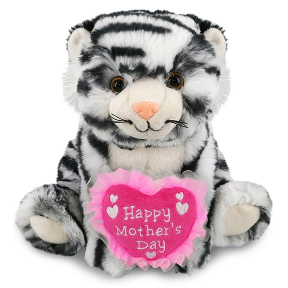 DolliBu Happy Mother's Day Super Soft Plush Squat White Tiger - Cute Stuffed Animal Present With Pink Heart Message for Best Mommy, Grandma, Wife, Daughter - Cute Safari Life Plush Toy Gift - 8 Inch