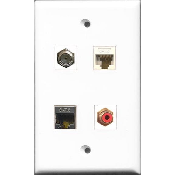 RiteAV 1 Port RCA Red and 1 Port Coax Cable TV- F-Type and 1 Port Shielded Cat6 Ethernet and 1 Port Cat6 Ethernet White Wall Plate