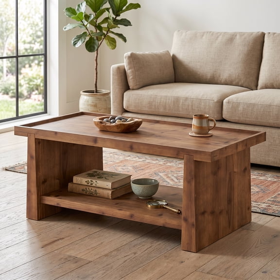 Fnova 47" Solid Wood Coffee Table, Farmhouse Rectangular Center Table with 2-Tier Storage Shelf and Raised Edge, Rustic Brown for Living Room