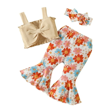 

Summer Savings Clearance! Edvintorg 0-24Months Toddler Baby Girl Clothing Sets Fashion Cute Flower Print Ruffles Vest Flared Pants Hairband Suit 3Pcs Girls Outfit Sets