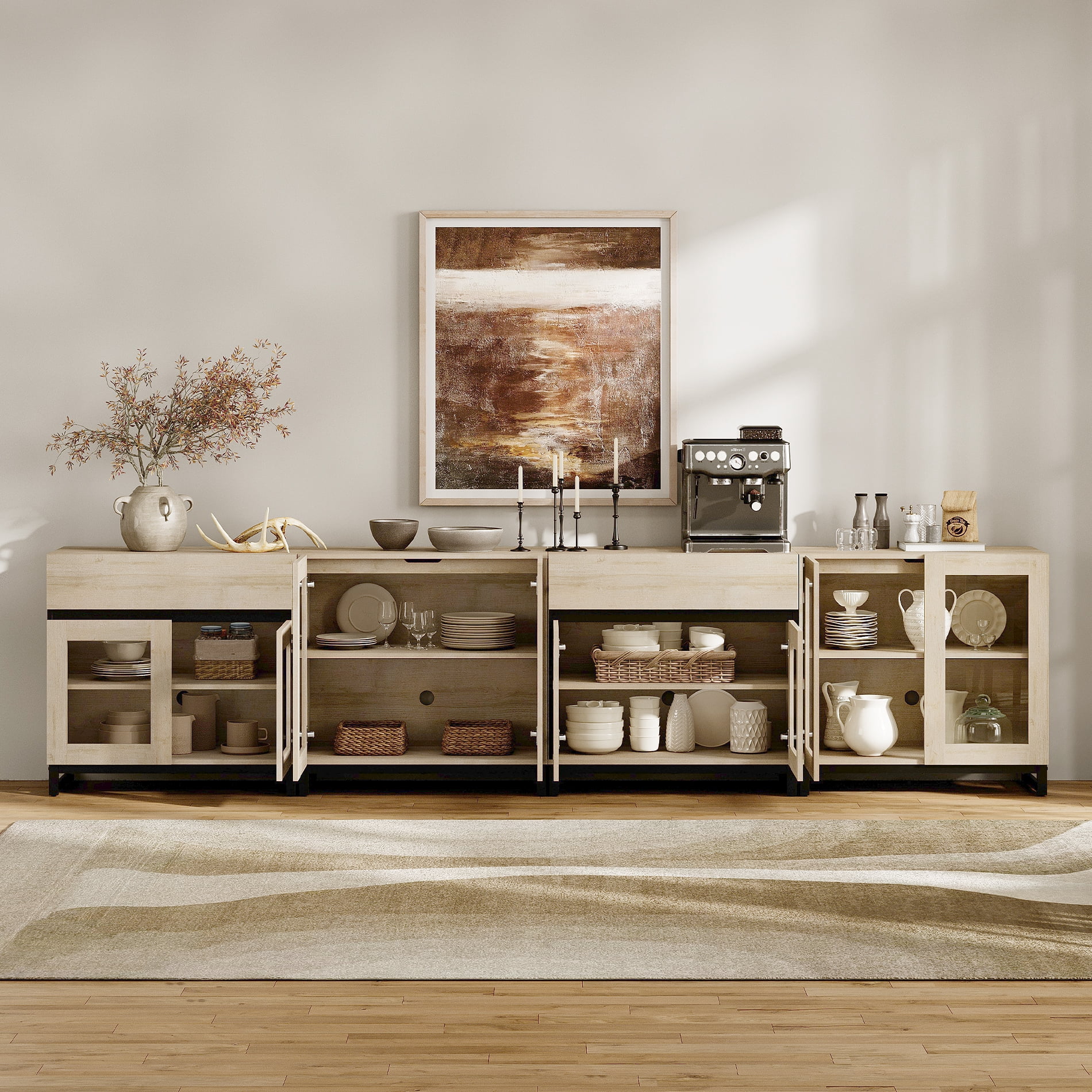 Modern TV Stand For Tvs Up To 120 Inches, 4 In 1 TV Console With Glass Doors And 2 Drawers, Entertainment Center With Adjustable Shelf For Living Room, Bedroom,Beige