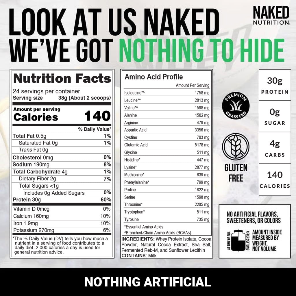 Naked Chocolate Whey Isolate Protein - Only 6 Ingredients, 30g Grass-Fed Protein, Undenatured, No GMO, No Soy, Gluten-Free, No Preservatives - 24 Servings