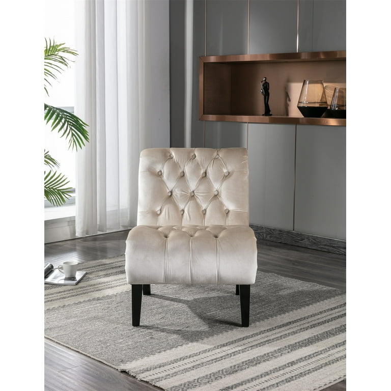 Living Room Accent Chair Curved Back Leisure Chair Single Armless Sofa Chair with Tufted Back and Solid Wood Legs Upholstered Lounge Chair Side