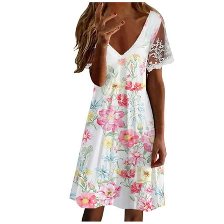 

Juebong Women s Fashion Printed Lace Short Sleeve V-Neck Long Dress