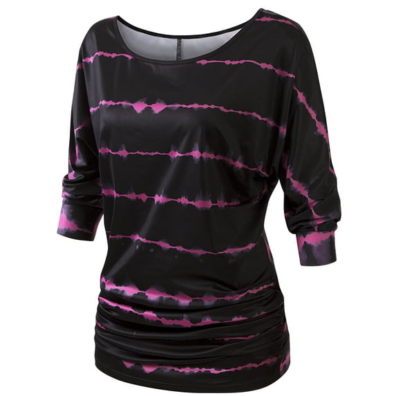 Thanth Womens Dolman Sleeves Boat Neck Solid Shirring Drape Basic Tunic Top