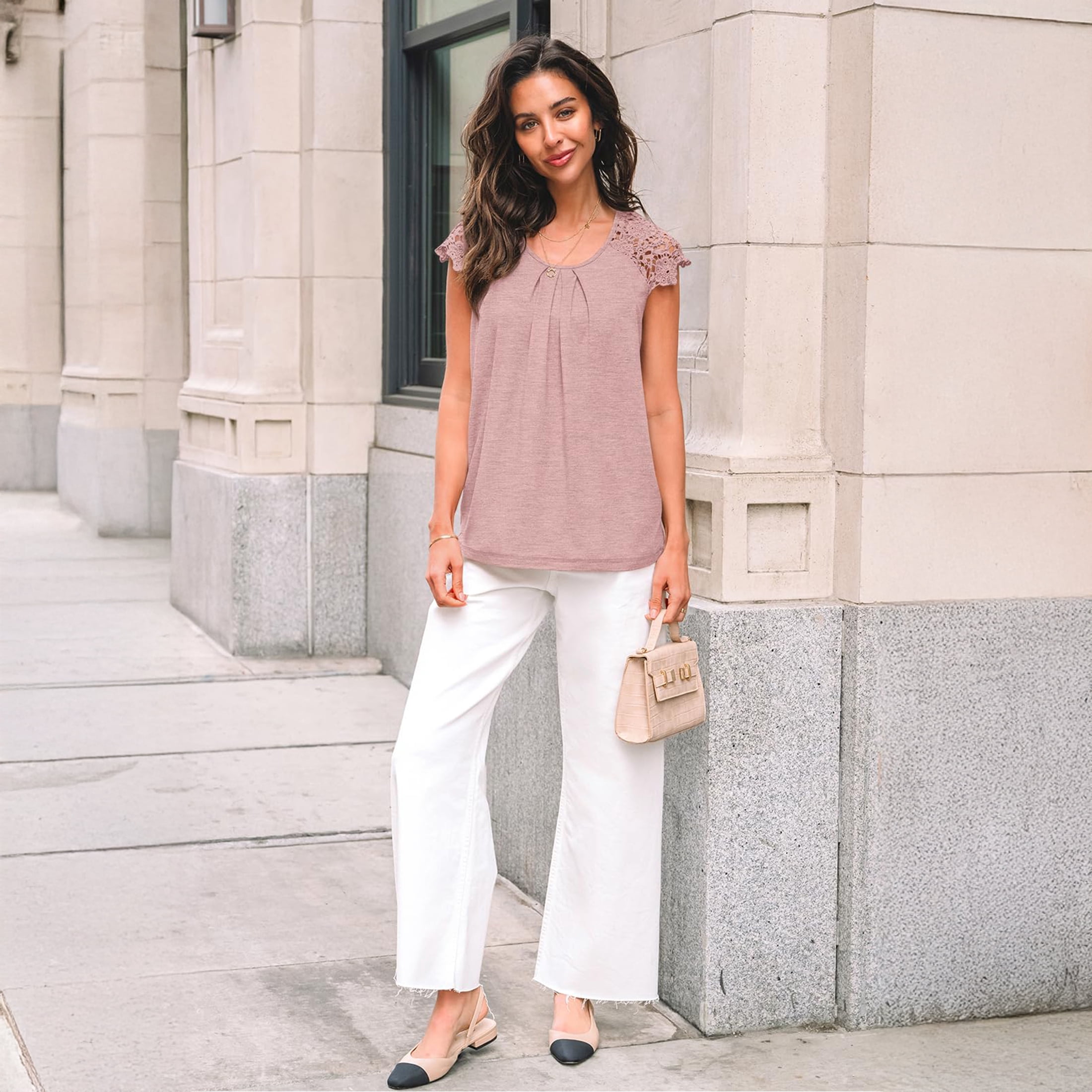 SUNBS Blouses for Women Lace Tops Pleated Short Sleeve Shirts Summer Business Casual Dressy Clothes