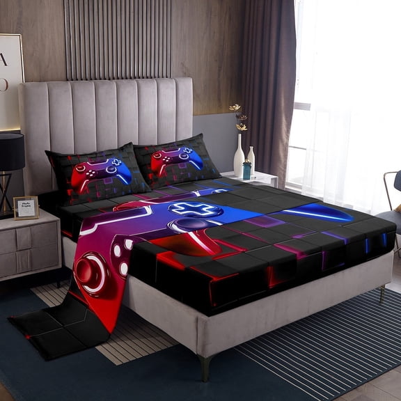 Erosebridal Gaming Sheet Set Twin , Red Blue Neon Light Grid Bedding Sets Twin Size, Gamer Bedroom Decorative 3 Pieces