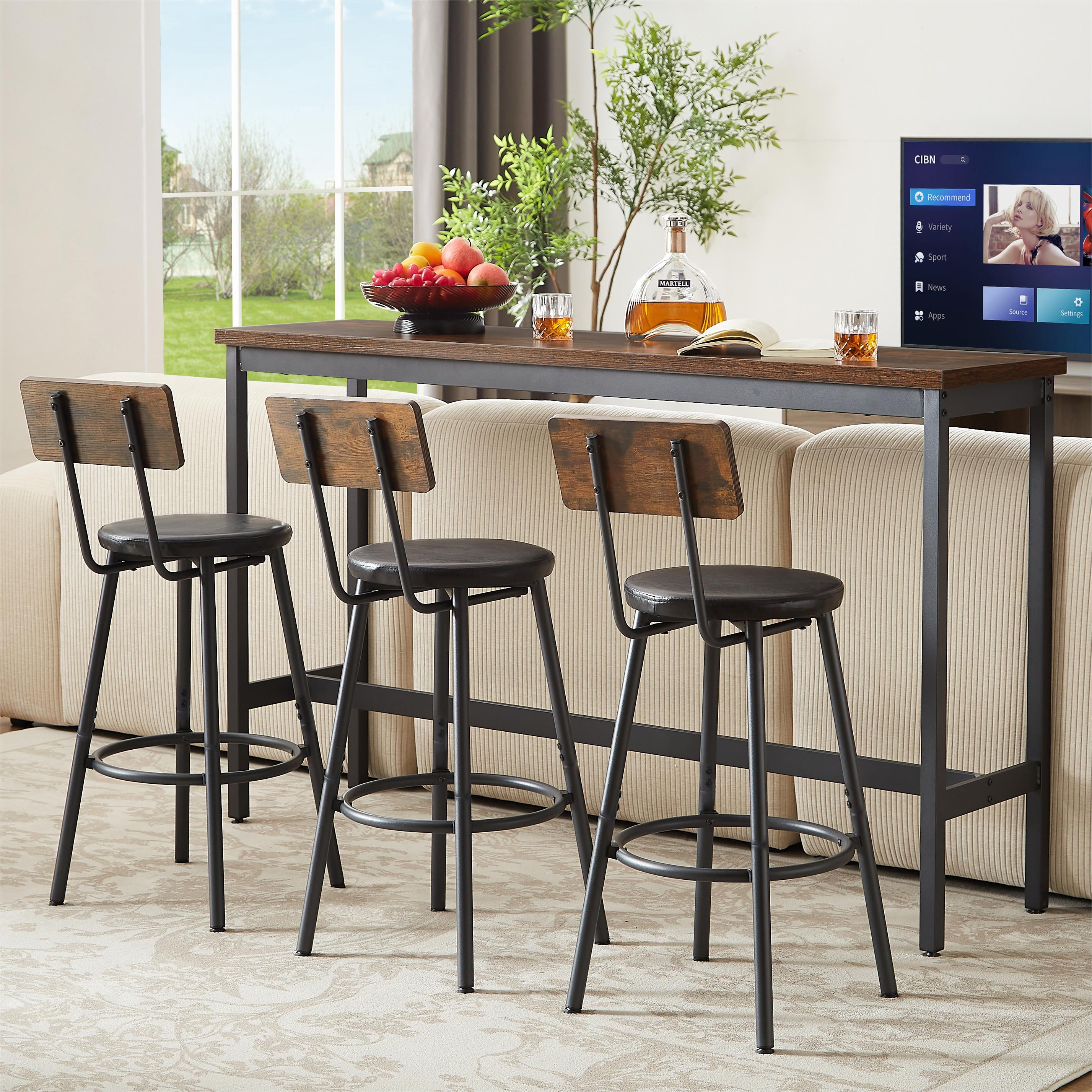 Long Bar Table Set with 3 PU Upholstered Stools, Industrial Bar Chairs for Kitchen Breakfast Table,Living Room,Banquet Hall, Brown, 63″L x15.7 W x 37.5" H