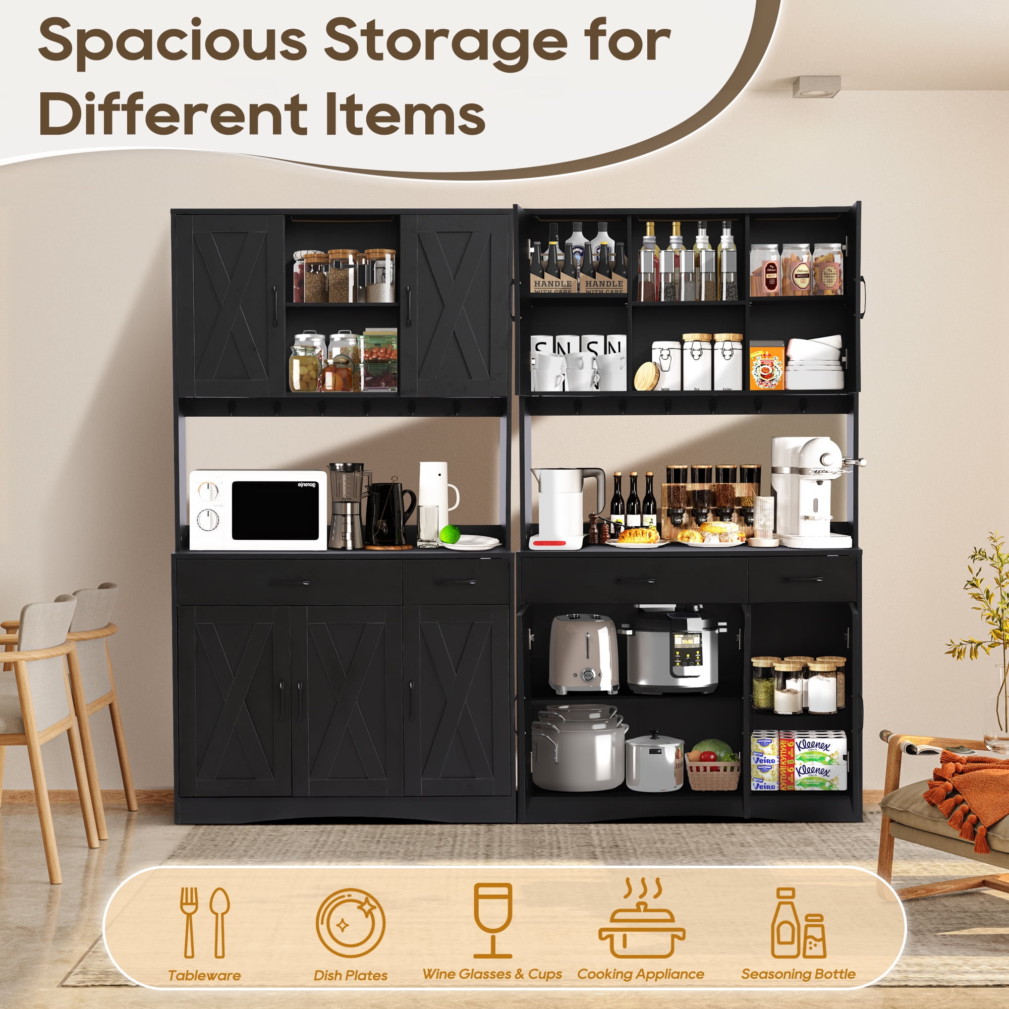 Haverchair 71" Kitchen Pantry Storage Cabinet, Farmhouse Hutch Cabinet with Microwave Stand, Tall Food Pantry Cabinets w/2 Drawers & 6 Hooks, Charging Station, Storage Cabinets for Dining Room