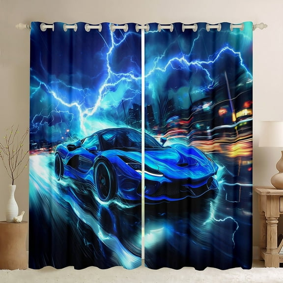 Blue Racing Car Curtains,Extreme Sports Car Fashion Competition Window Drapes Bedroom Blackout 30%-50%,3D Lightning Sky Modern Building Road Trippy Window Treatment 2 Panels,38Wx45L