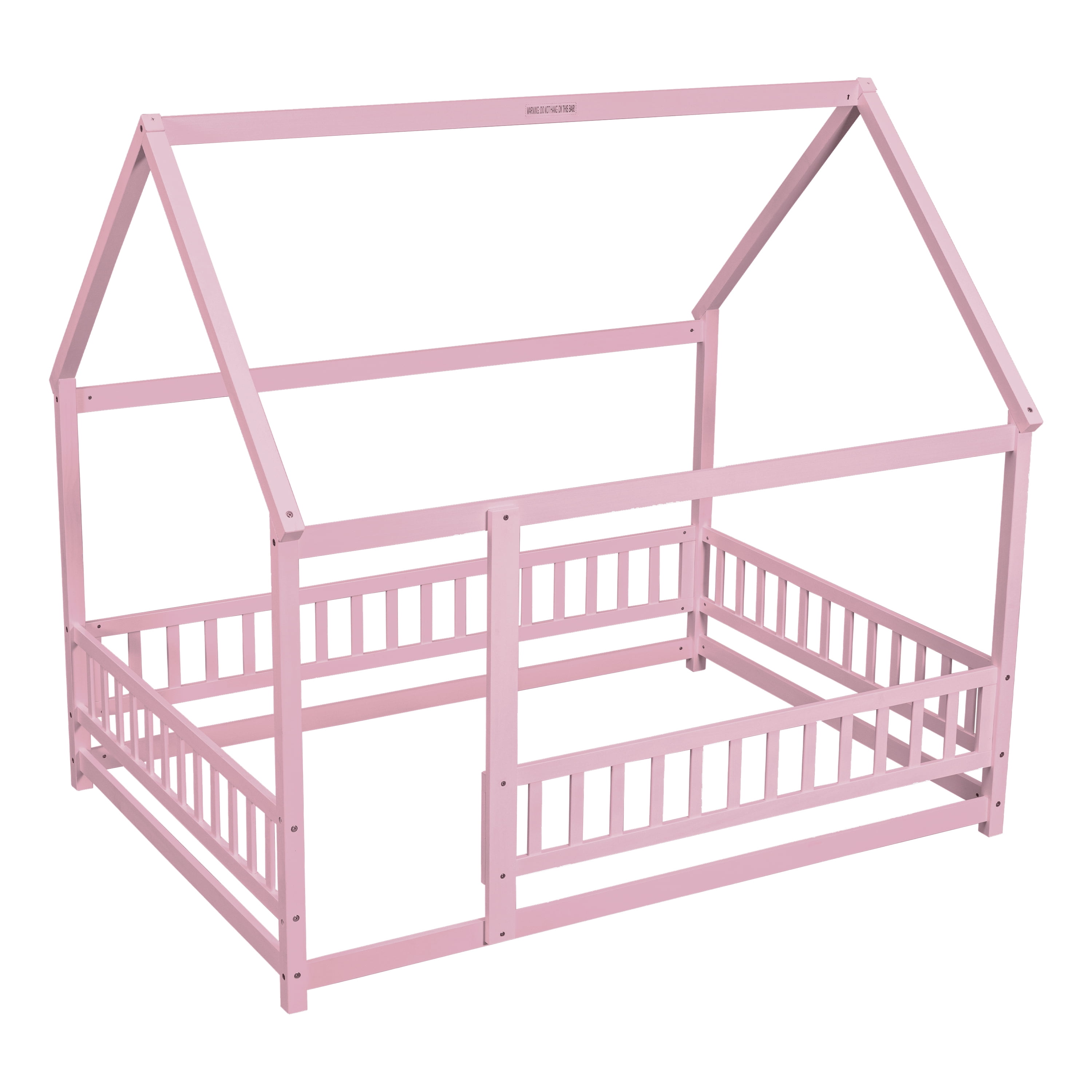 Miniyam Full Size Toddler Bed , Wood Floor House Bed with Rail for Kids, Pink