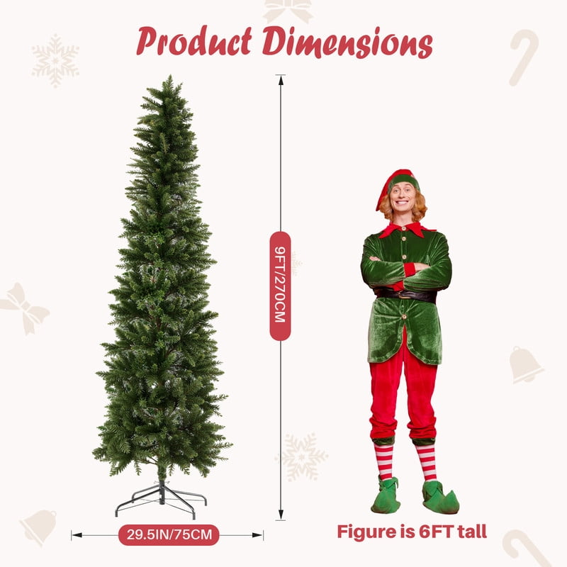 Gianna 9ft Pre-lit Pencil Christmas Tree, Green Artificial Spruce Slim Christmas Trees with 500 Incandescent Lights, 1100 Branch Tips & Foldable Base for Home, Office, Party Decoration
