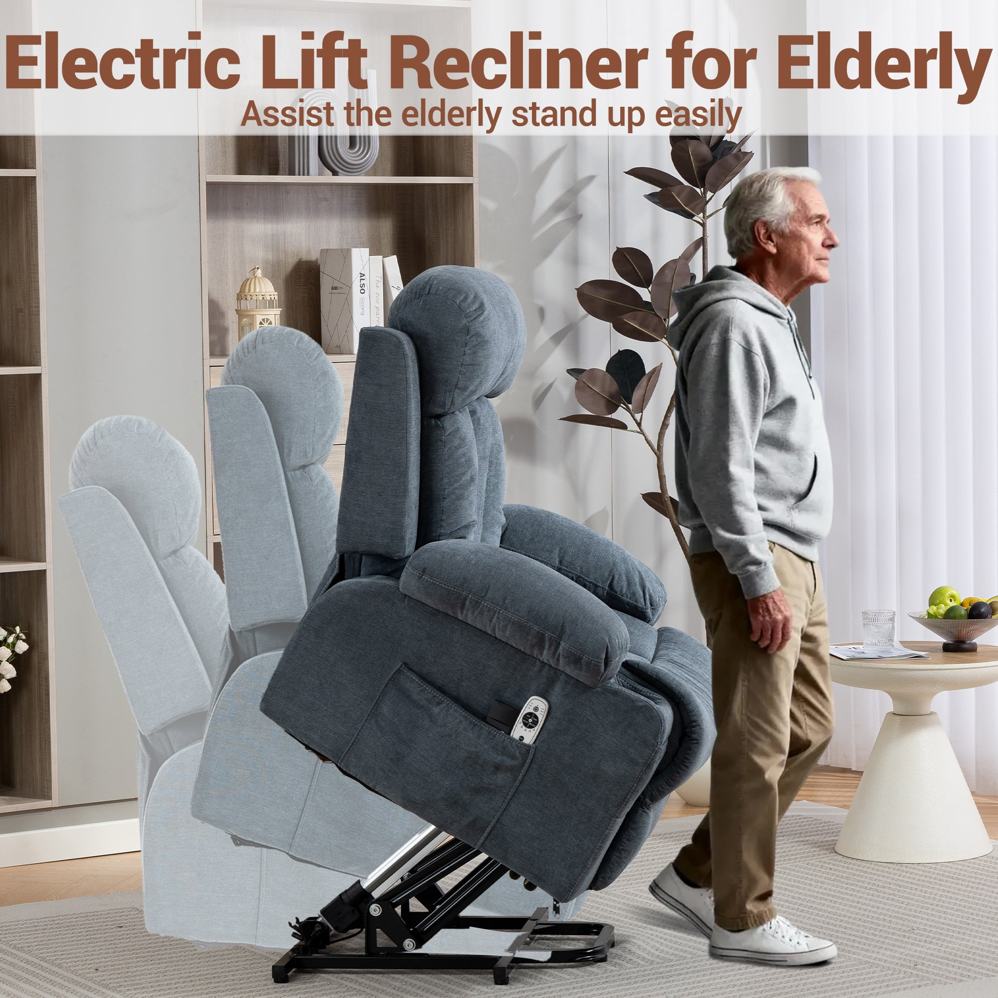 WENTUM Power Lift Recliner Chair for Elderly, Heat and Massage, Chair Side Pocket, USB Charge Port, Remote Control for Living Room, Blue