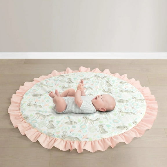 Lush Decor Pixie Fox Baby Round Ruffle Play Mat Pink/Gray Single 35'' Diameter With 3'' Ruffle