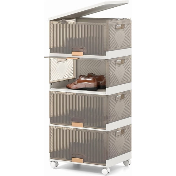 Favory 4 Tier Stackable Storage Bins with Lids, 18 GalFoldable Shoe Storage Box with Detachable Wheels & Flip-Up Doors, Collapsible Closet Organizers and Storage Bins