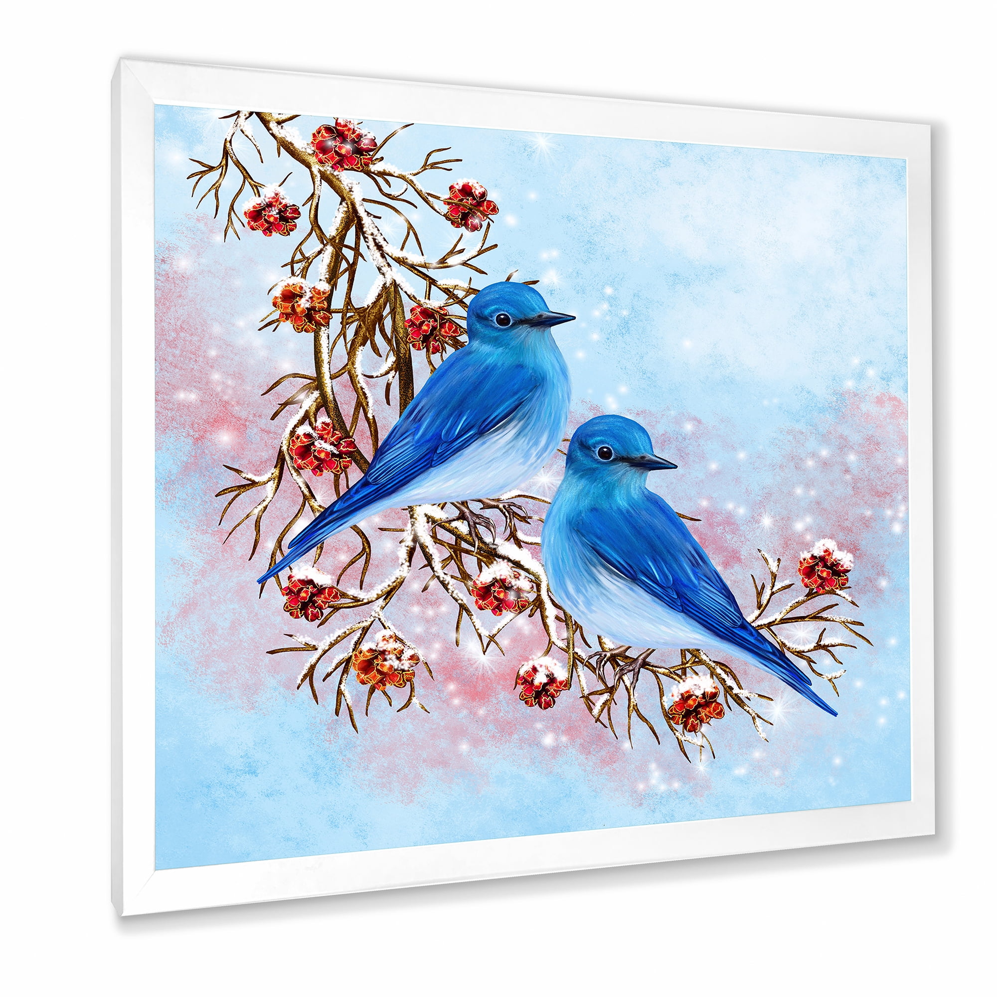 Designart 'Two Blue Birds Sitting On A Branch With Berries In Winter' Traditional Framed Art Print