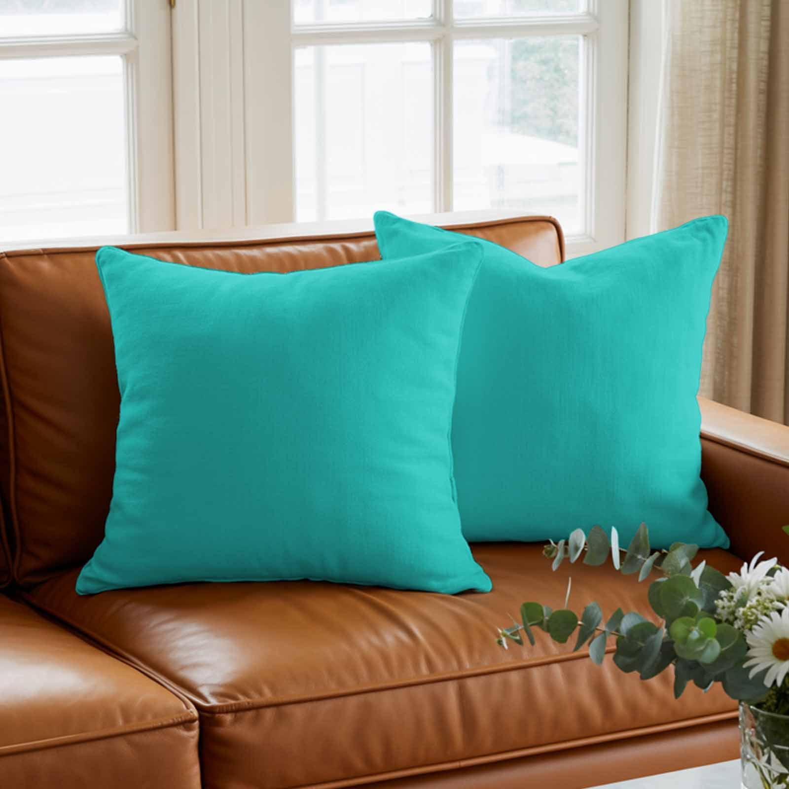 Throw Pillow Covers 24 x 24 Inch, Turquoise Cotton Linen Pillows Cases, Modern Pure Turquoise Square Cushion Covers for Couch Sofa Bed