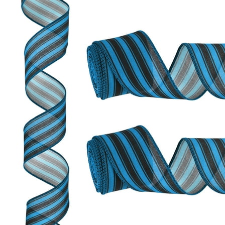 12 Yards x 2" Striped Ribbon Blue and Black Wired Ribbon Linen Gift Wrapping Ribbon for Christmas Craft Birthday Wedding Festival Wreath