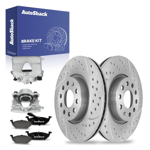 AutoShack Front Drilled & Slotted Brake Rotors Premium Ceramic Brake Pads Calipers | Replacement for 2013 VW Jetta 2.0L FWD | Silver Zinc Coated | 8-PC Brake Kit | SilverShield Pro