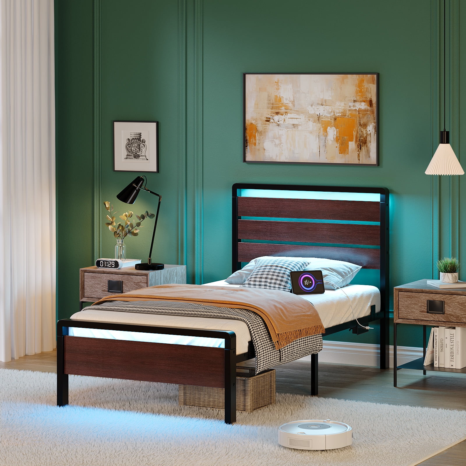 Ktaxon Twin Size Bed Frame with LED Headboard & Footboard, Metal Platform Bed with Charging Station, Rustic Red Brown
