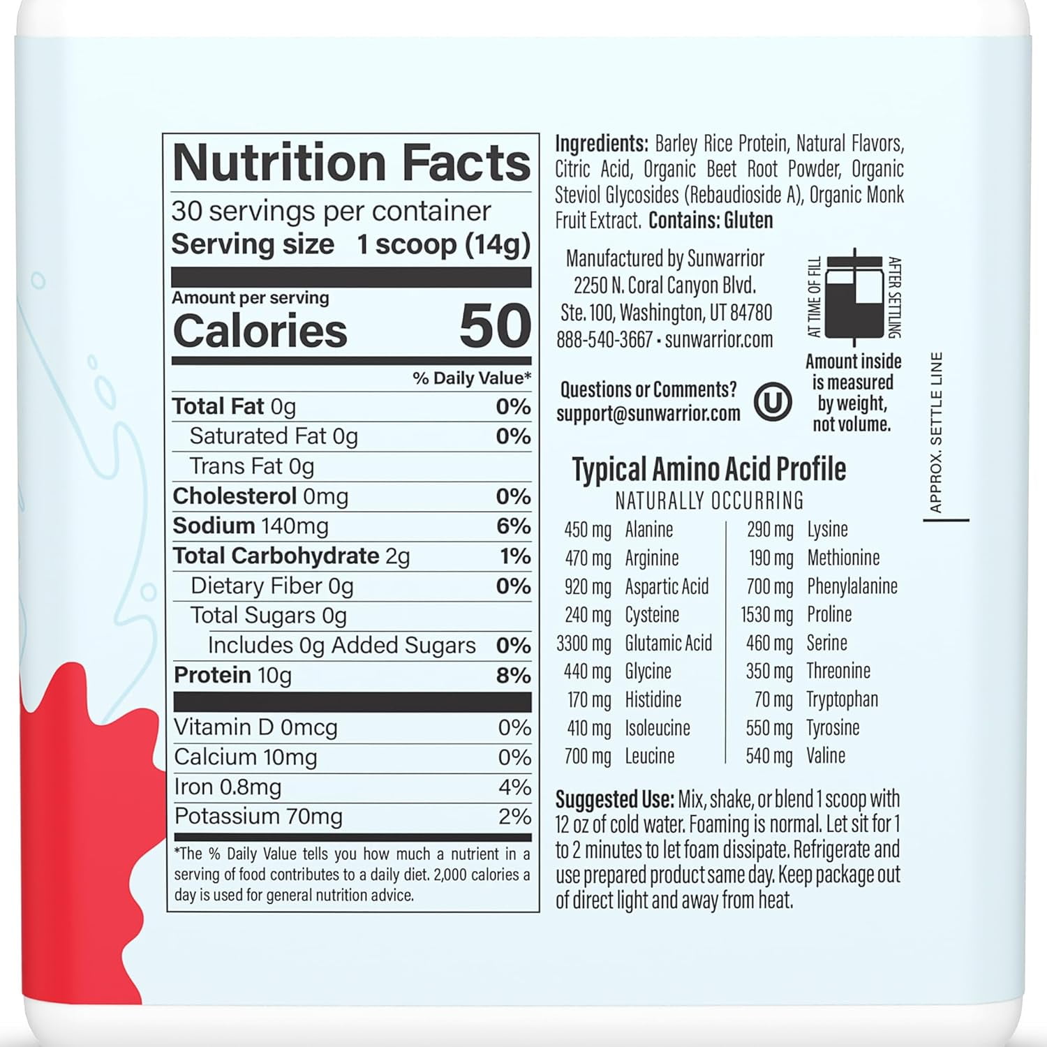 Sunwarrior Vegan Hydration Clear Protein Powder Water Mix, Watermelon, 14.8 oz