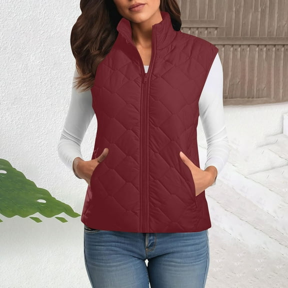 Womens Puffer Vest Sleeveless Puffy Cropped Vests Womens Ladies Winter Vests Sleeveless Fleece Jacket Zip Up Stand Collar Long Warm Drawstring Coat With Pockets Outerwear Wine XXL