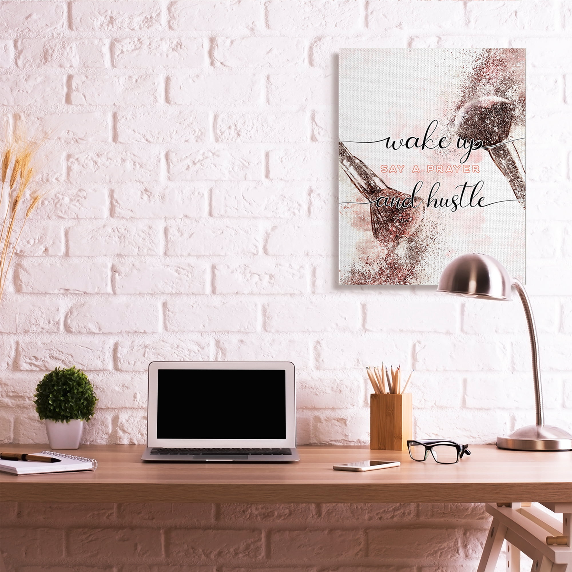 Stupell Industries Pray And Hustle Phrase Glam Cosmetic Brush Religious Painting Gallery Wrapped Canvas Art Print Wall Art, 30 x 40