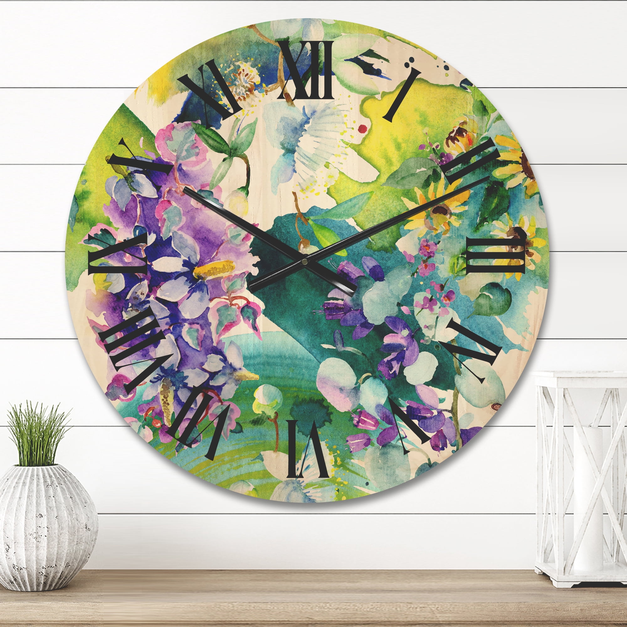 Designart 'Bouquet of Sunflowers and Wildflowers' Farmhouse Wood Wall Clock