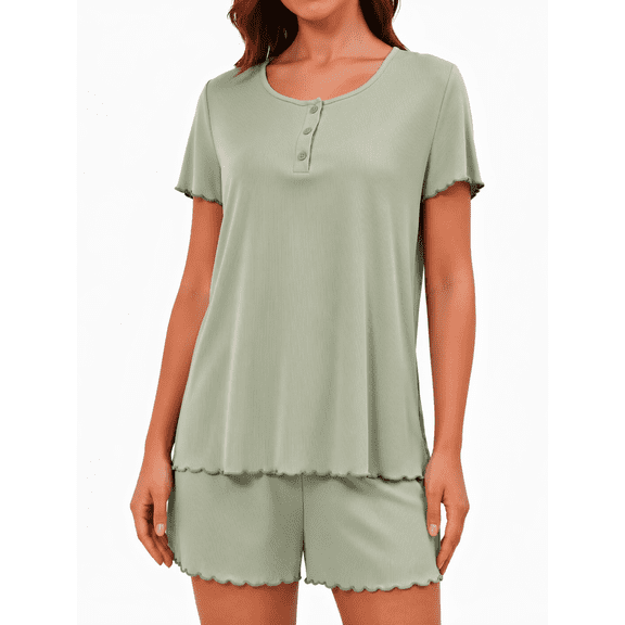 Loritta Womens Pajama Sets Knit Short Sleeve Shorts Lounge Sets Breathable 2 Piece Pjs with Pockets Summer Green S-2XL
