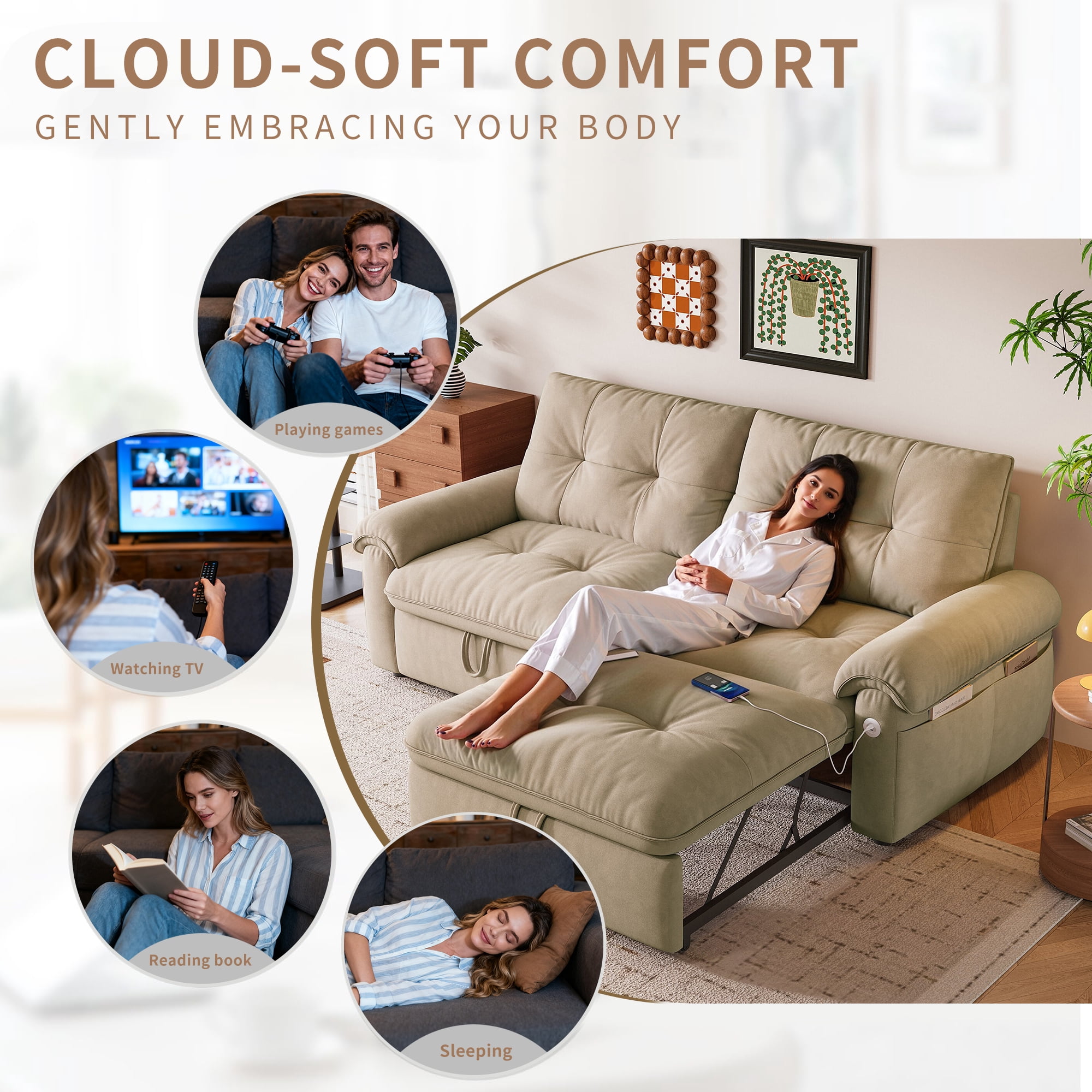 Kosynda 77"W Pull Out Couch with USB, 3 in 1 Convertible Sofa Bed with Storage Pockets, Folding Loveseat Sleeper Sofa for Living Room, Bedroom, Office, Small Space, Light Brown