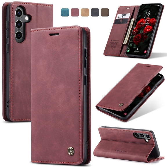 Dteck Magnetic Wallet Case for Samsung Galaxy S25 FE, Shockproof Flip Folio PU Leather Phone Case with Card Holder Kickstand Back Protective Cover, Winered